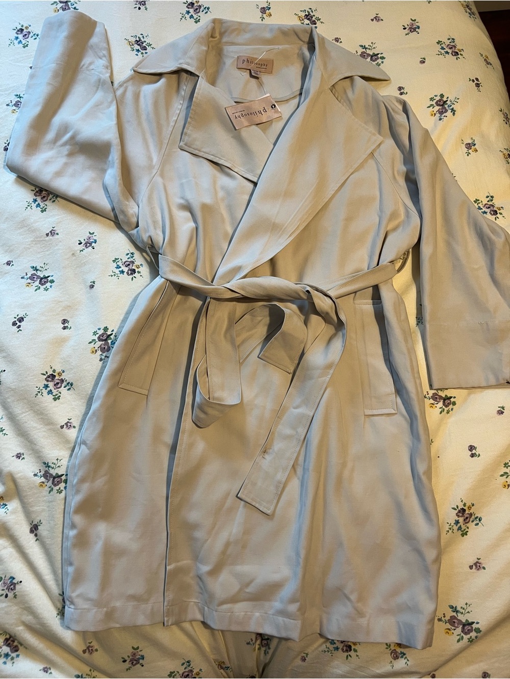Philosophy Light Gray Satin Trench Coat with Self Tie
